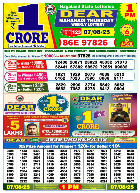 Dear Lottery Result Today 1 PM